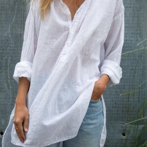 CP SHADES Linen Deep V Neck Tunic White Cover Up Resort Shirt Dress Beach Swim